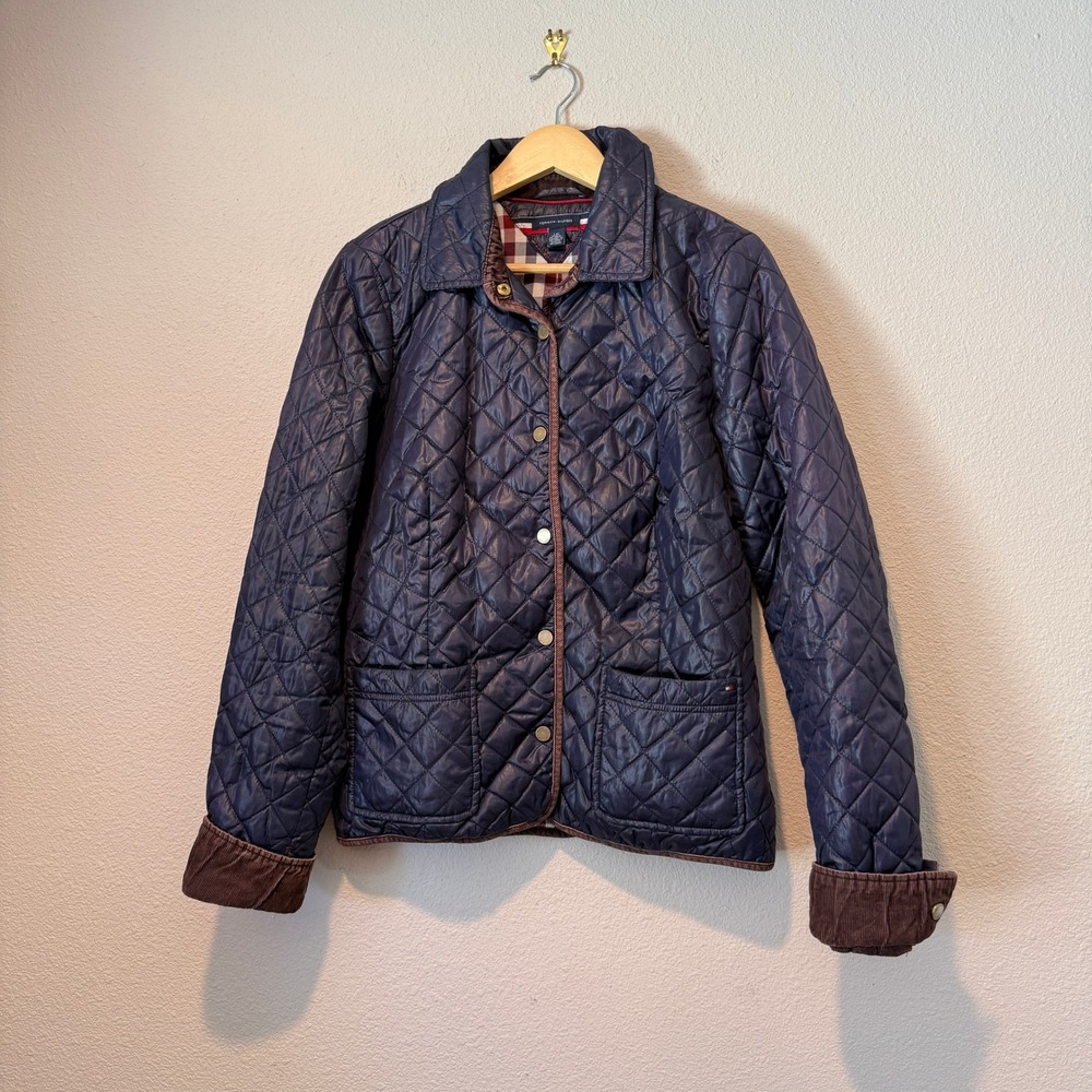 Tommy Hilfiger Navy Blue Quilted Barn Jacket Brown Corduroy Trim Plaid Lined L